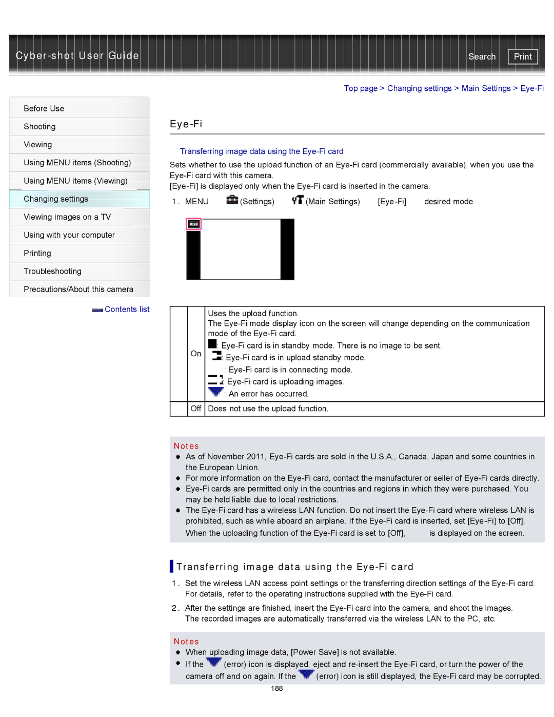 Sony DSCTX20 manual Transferring image data using the Eye-Fi card, Top page Changing settings Main Settings Eye-Fi 