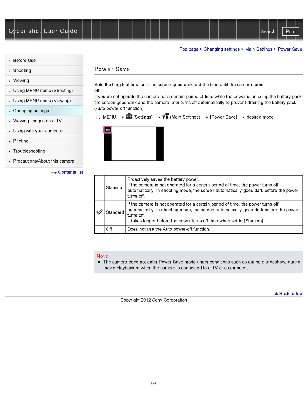 Sony DSCTX20, DSC-TX20/D manual Top page Changing settings Main Settings Power Save 