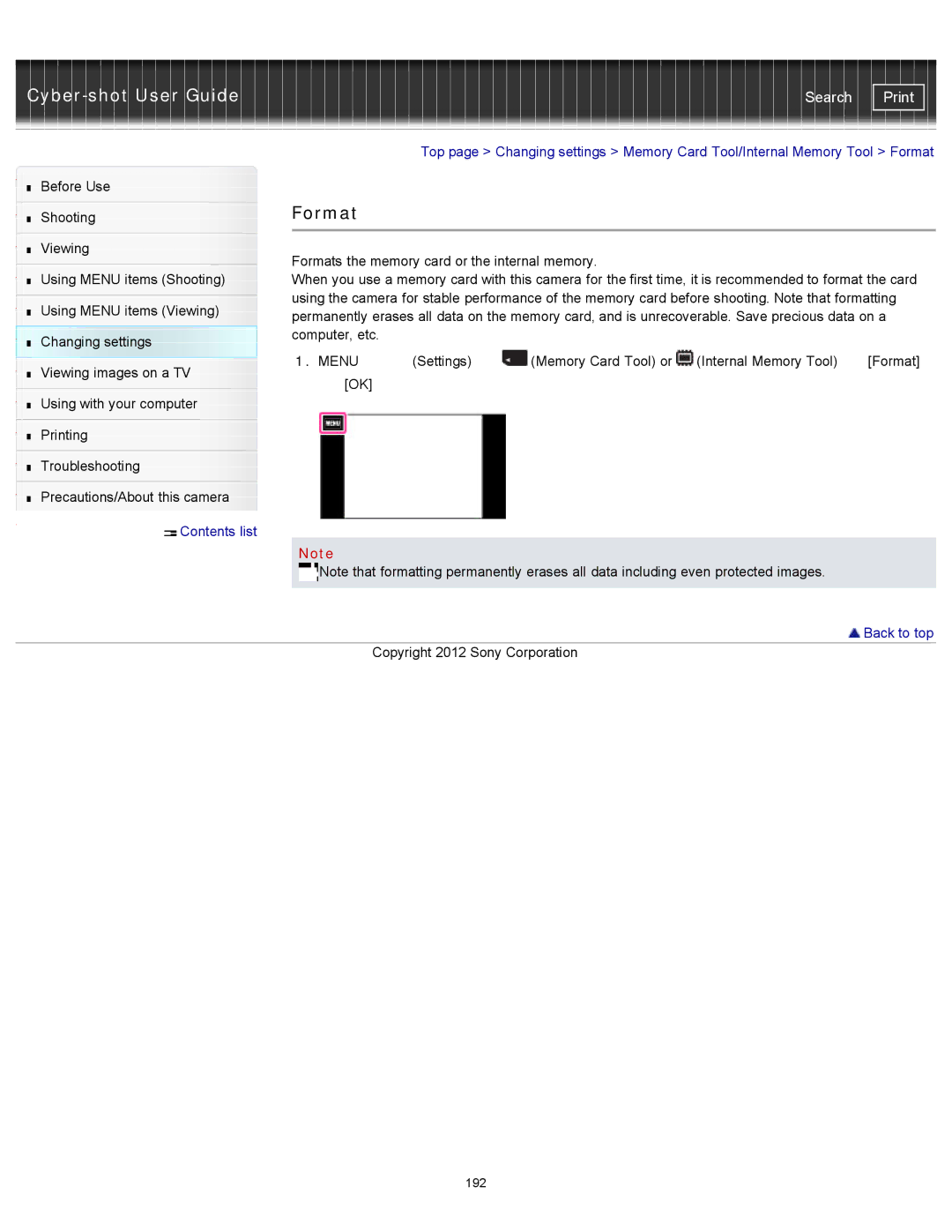 Sony DSCTX20, DSC-TX20/D manual Format, Contents list Back to top 