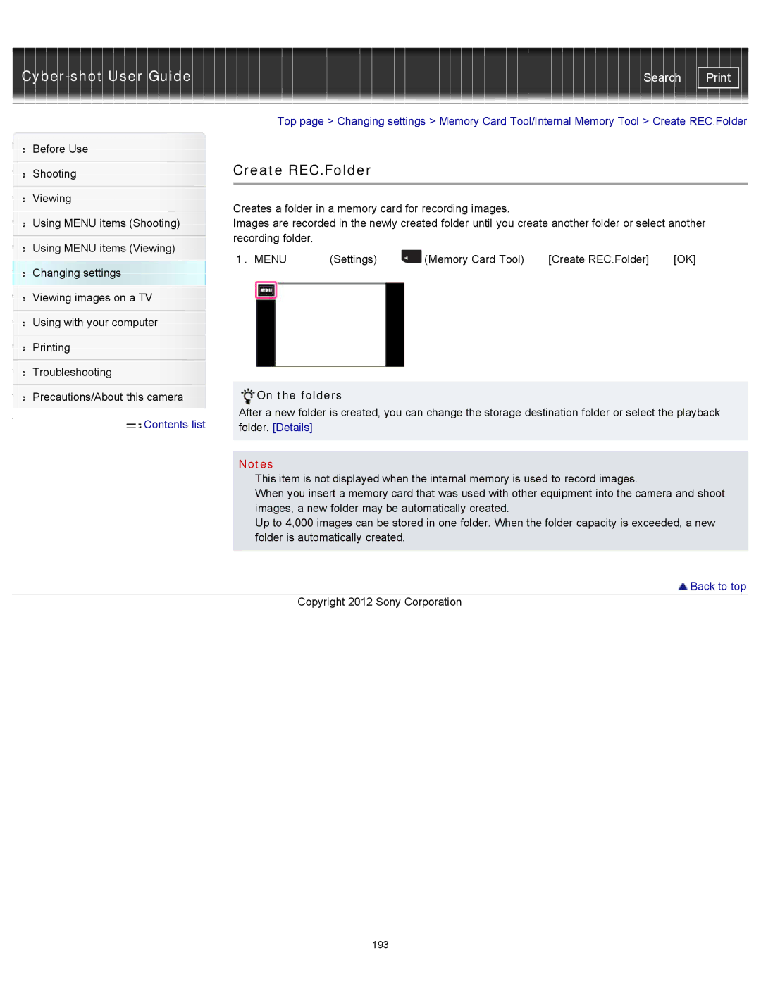 Sony DSC-TX20/D, DSCTX20 manual Create REC.Folder, On the folders, Folder. Details 