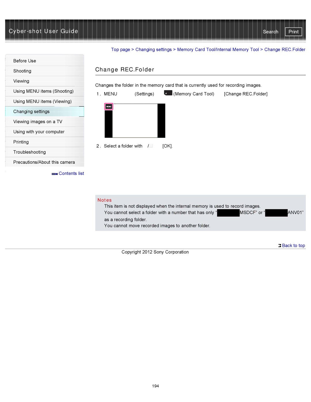 Sony DSCTX20, DSC-TX20/D manual Change REC.Folder 