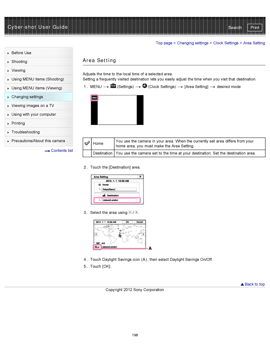 Sony DSCTX20, DSC-TX20/D manual Area Setting 