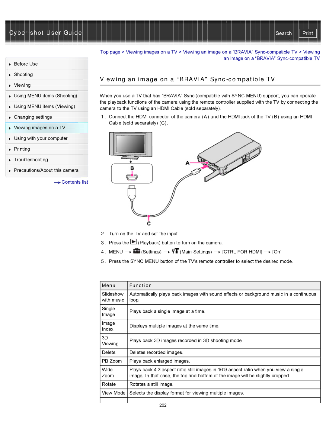 Sony DSCTX20, DSC-TX20/D manual Viewing an image on a Bravia Sync-compatible TV, Menu Function 