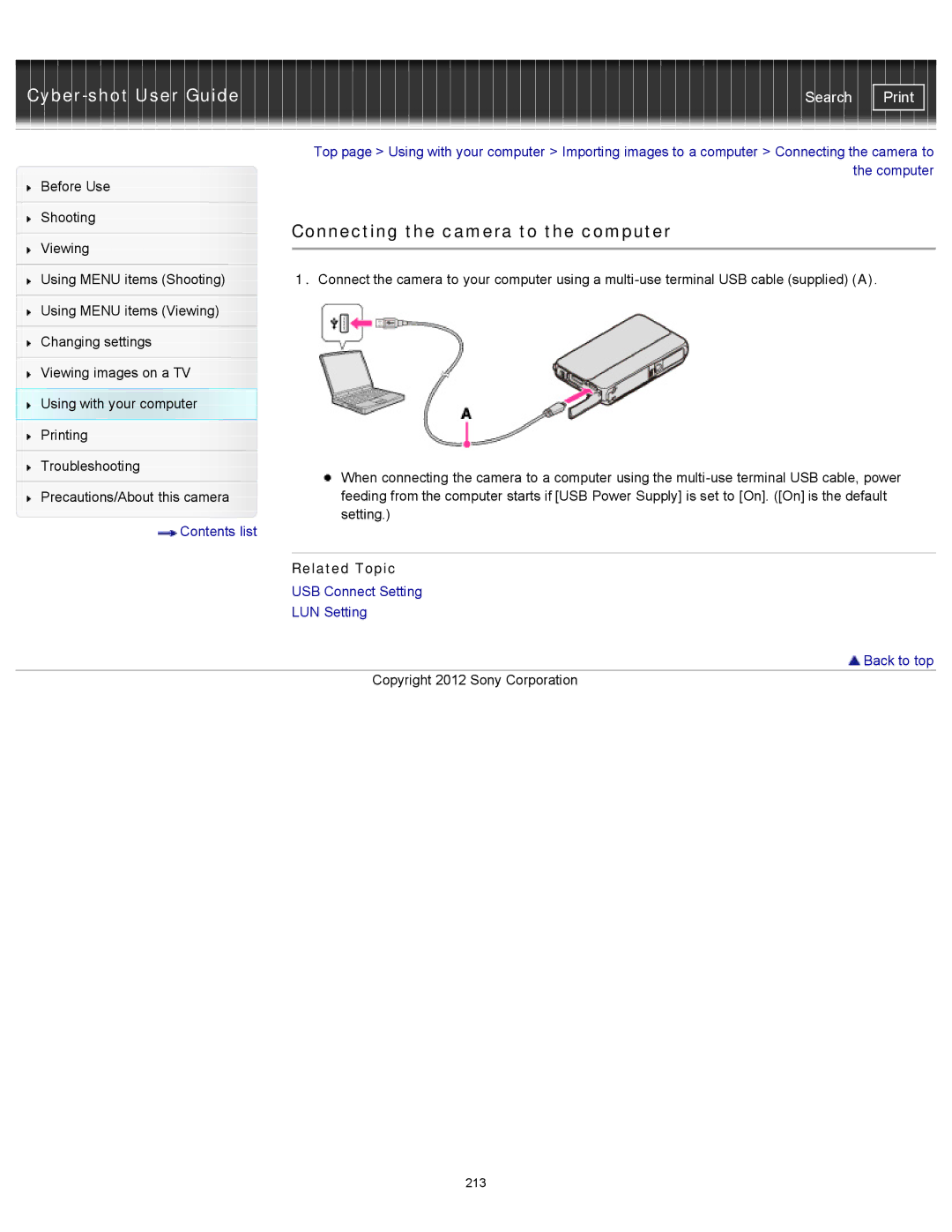 Sony DSC-TX20/D, DSCTX20 manual Connecting the camera to the computer, USB Connect Setting LUN Setting Back to top 