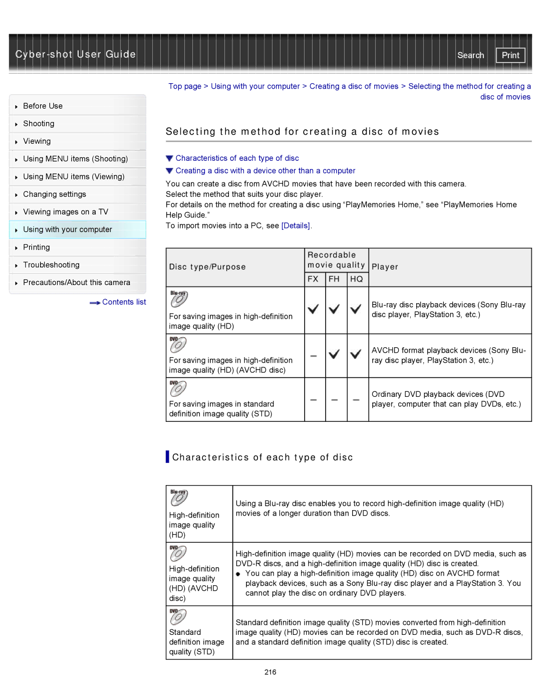 Sony DSCTX20, DSC-TX20/D manual Selecting the method for creating a disc of movies, Characteristics of each type of disc 