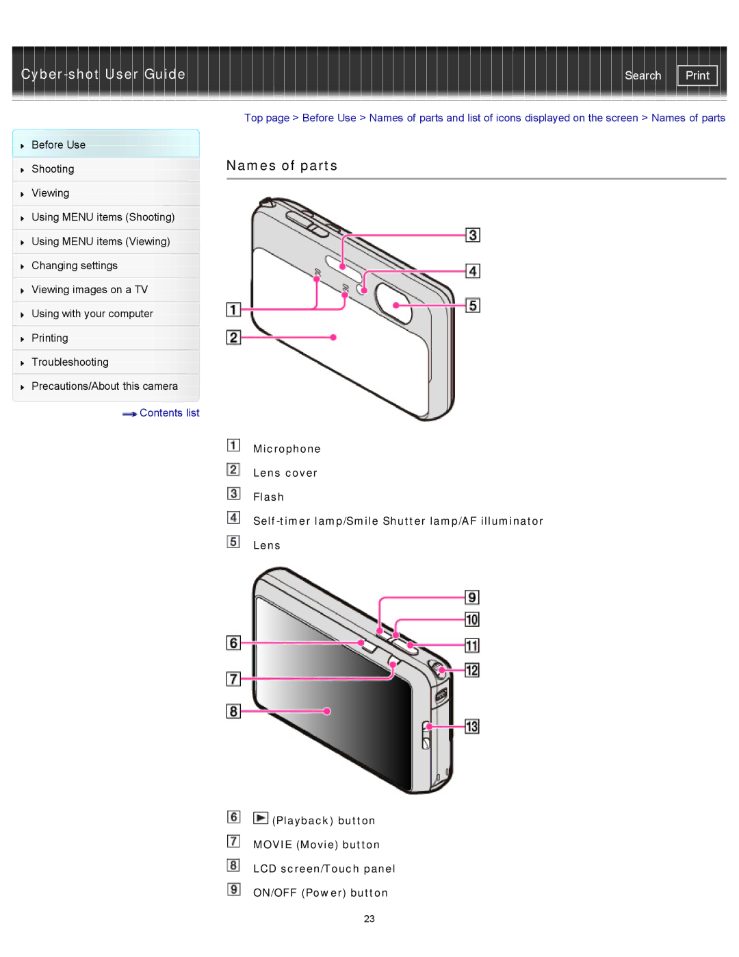 Sony DSC-TX20/D, DSCTX20 manual Names of parts, Contents list 