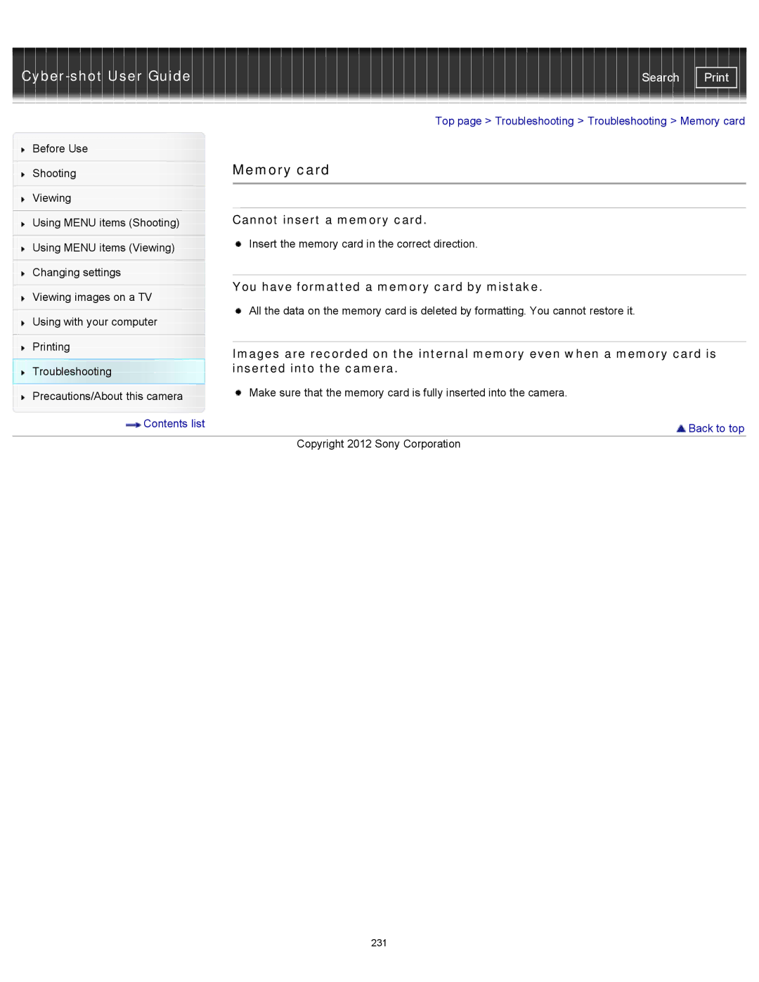 Sony DSC-TX20/D, DSCTX20 manual Memory card, Cannot insert a memory card, You have formatted a memory card by mistake 