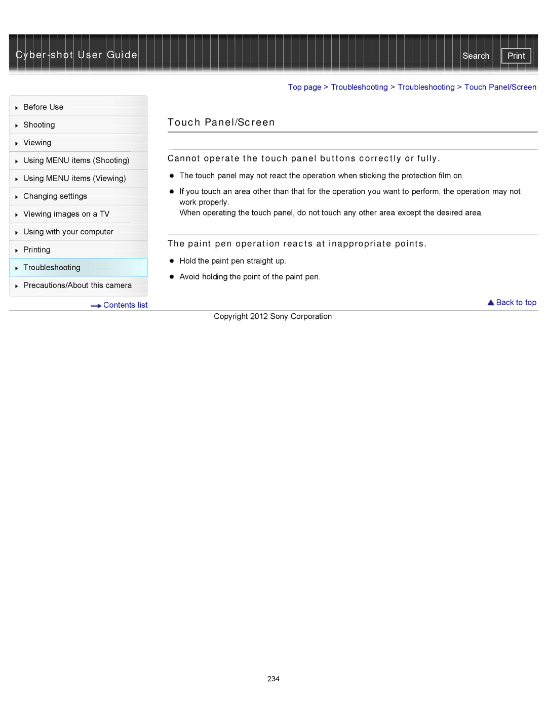 Sony DSCTX20, DSC-TX20/D manual Touch Panel/Screen, Cannot operate the touch panel buttons correctly or fully 