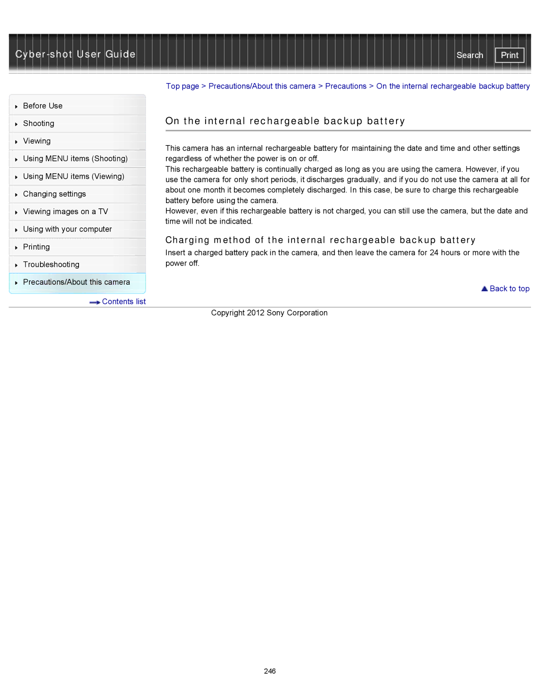 Sony DSCTX20 On the internal rechargeable backup battery, Charging method of the internal rechargeable backup battery 