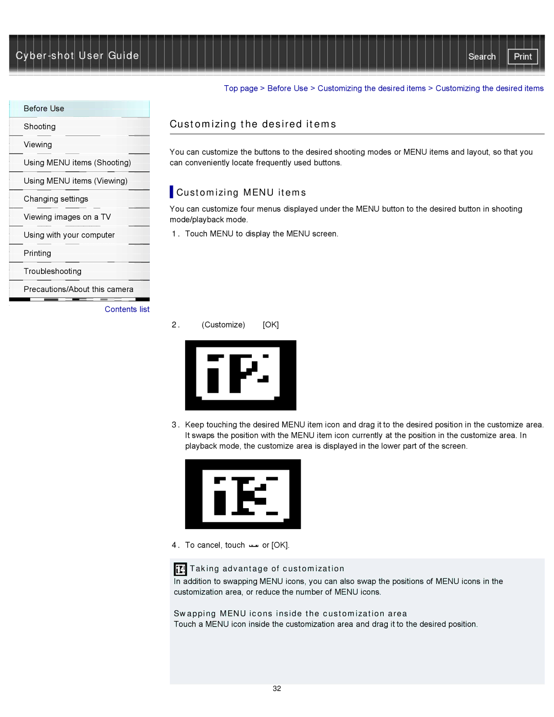 Sony DSCTX20, DSC-TX20/D manual Customizing the desired items, Customizing Menu items, Taking advantage of customization 