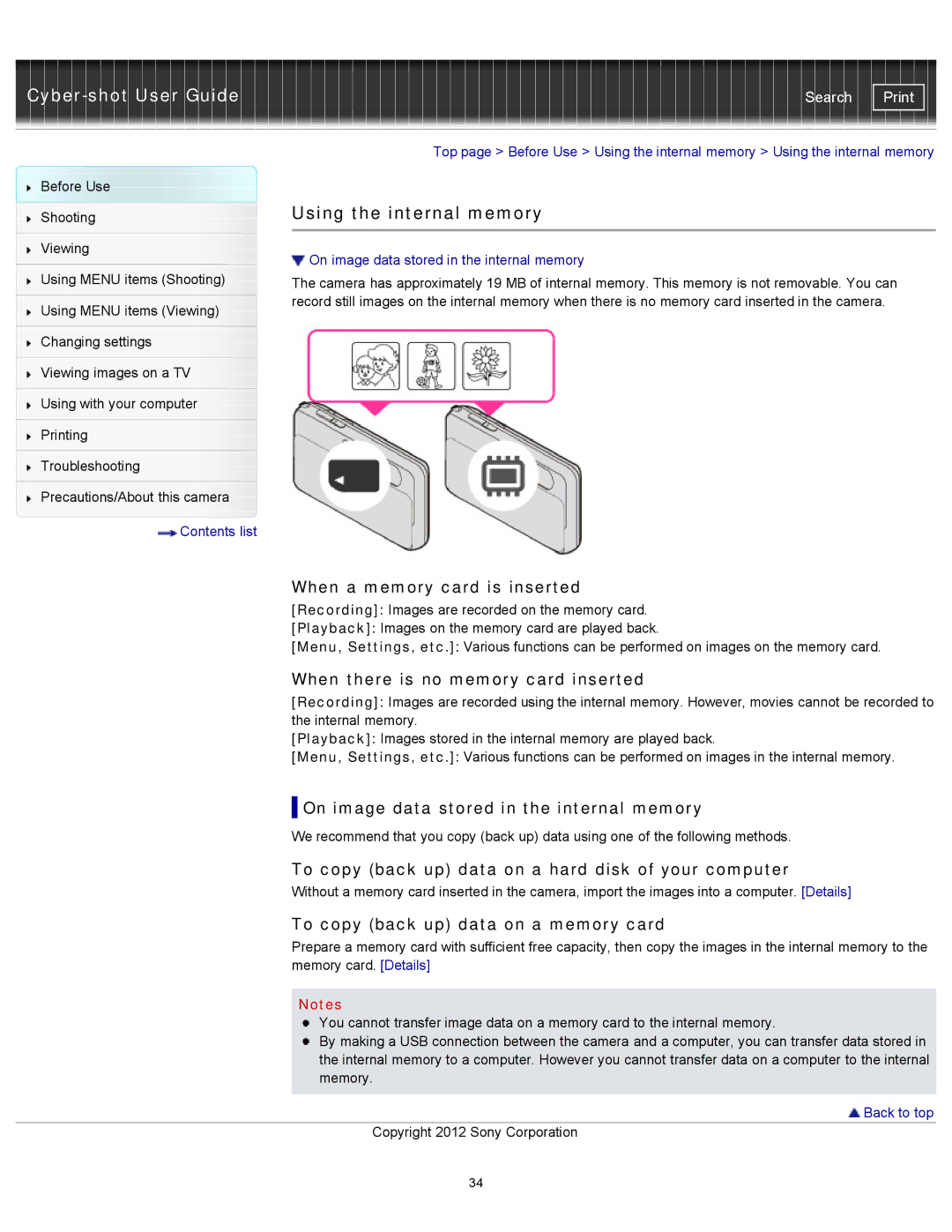 Sony DSCTX20, DSC-TX20/D manual Using the internal memory 