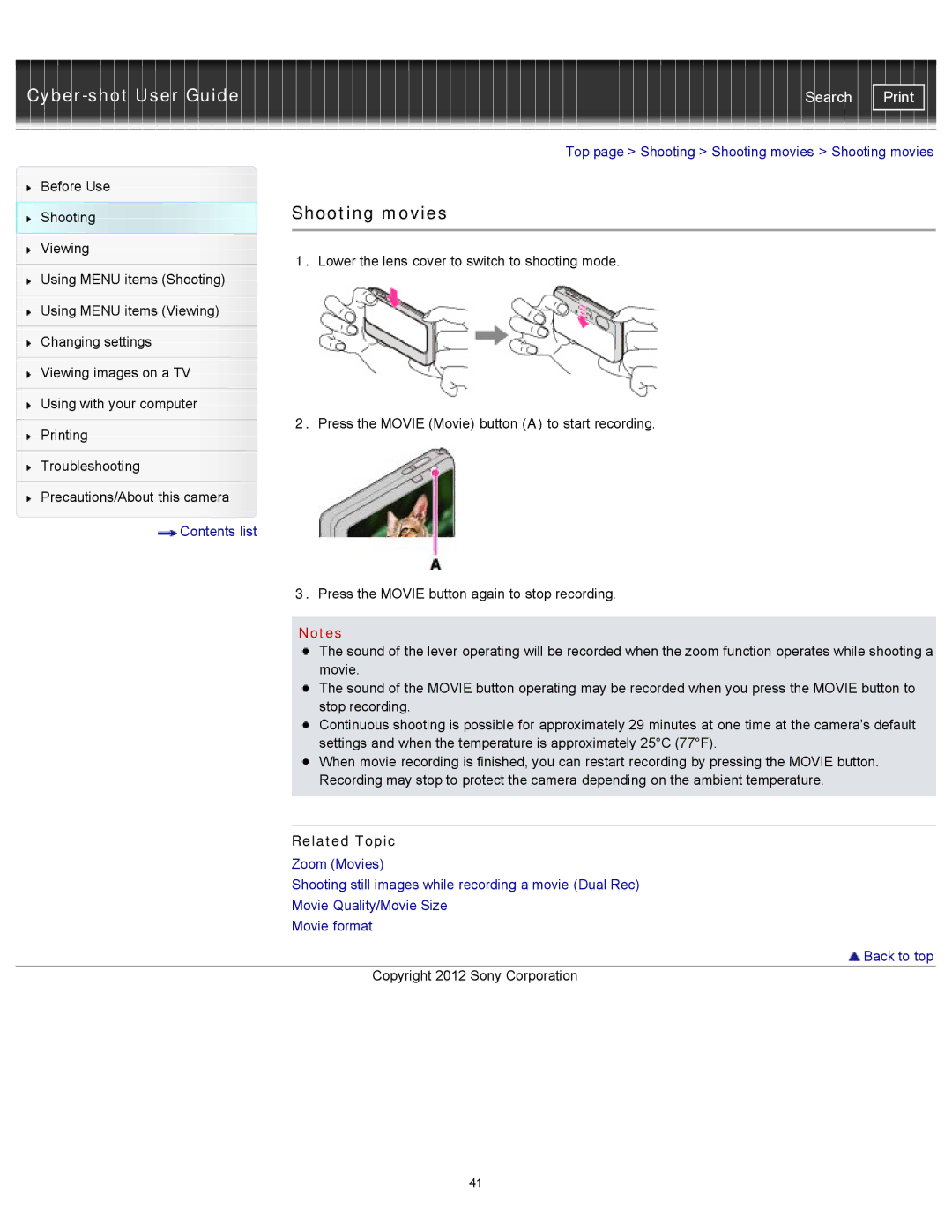 Sony DSC-TX20/D, DSCTX20 manual Shooting movies, Related Topic 