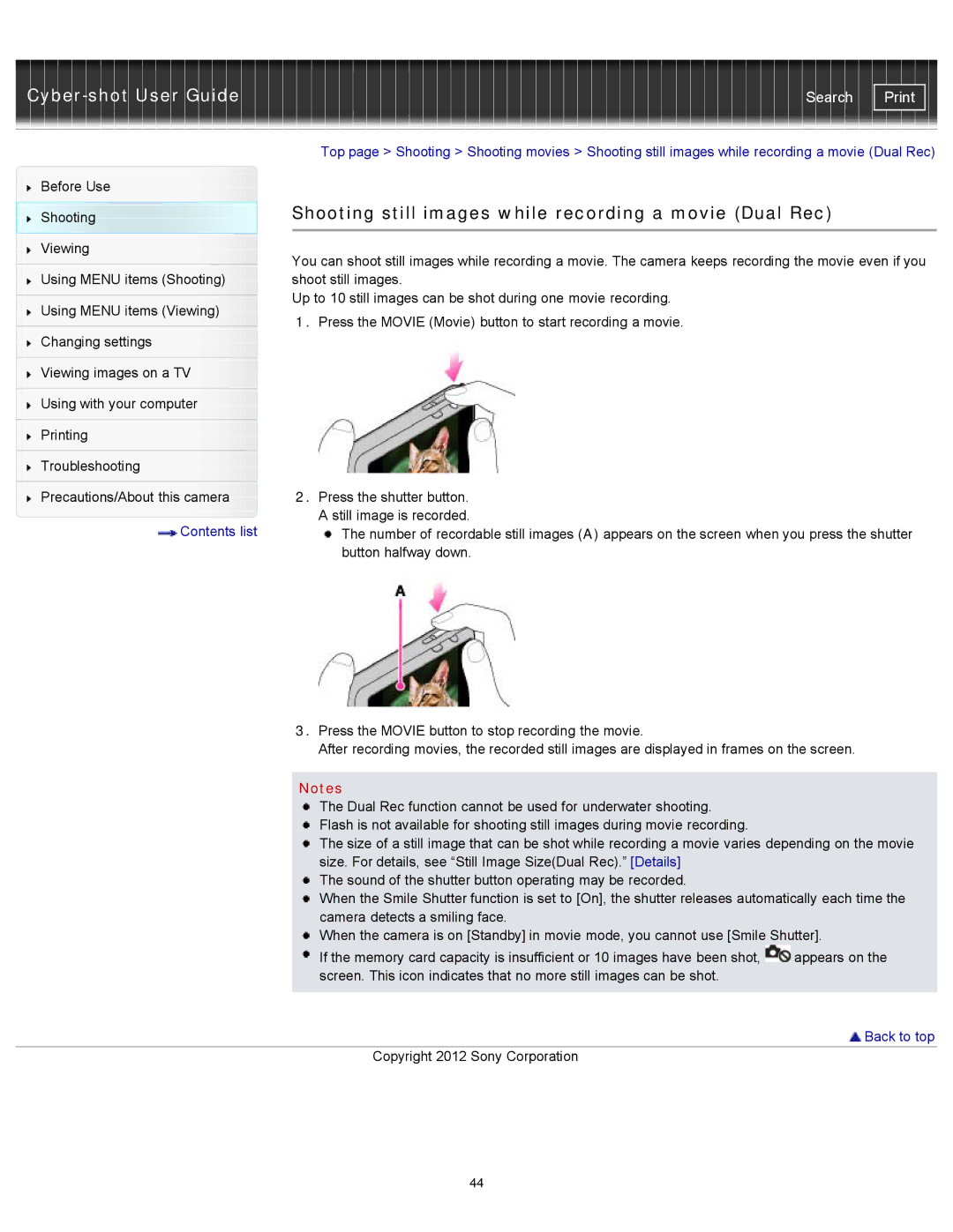 Sony DSCTX20, DSC-TX20/D manual Shooting still images while recording a movie Dual Rec 