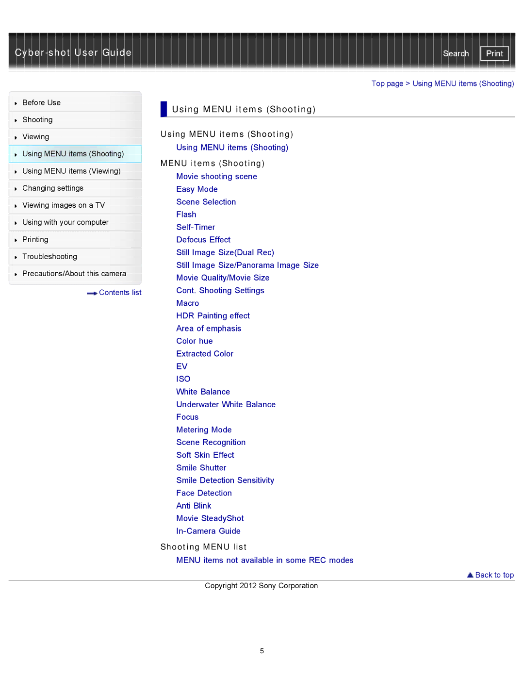 Sony DSC-TX20/D, DSCTX20 manual Shooting Menu list, Contents list Top page Using Menu items Shooting 