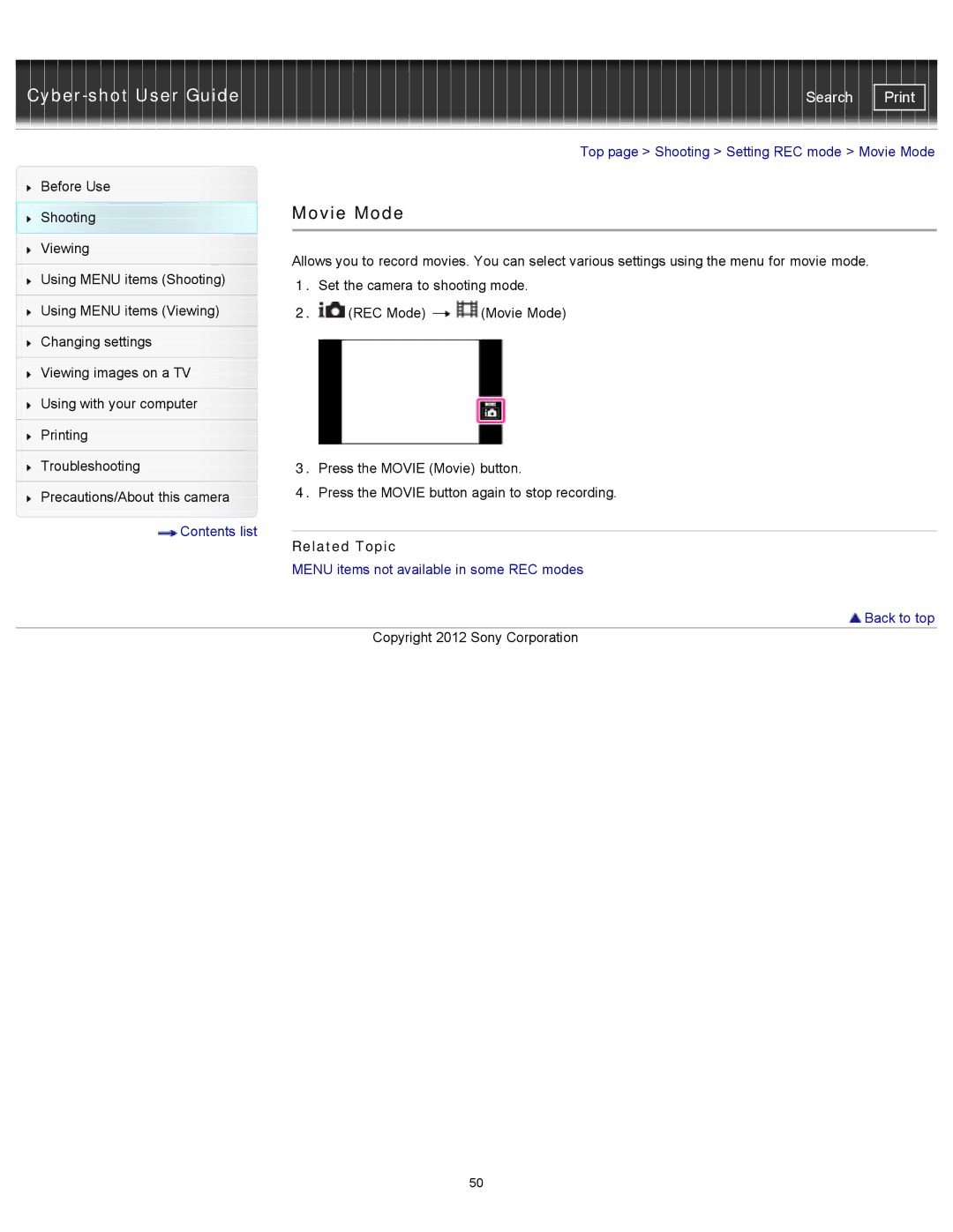 Sony DSCTX20, DSC-TX20/D manual Movie Mode, Menu items not available in some REC modes Back to top 