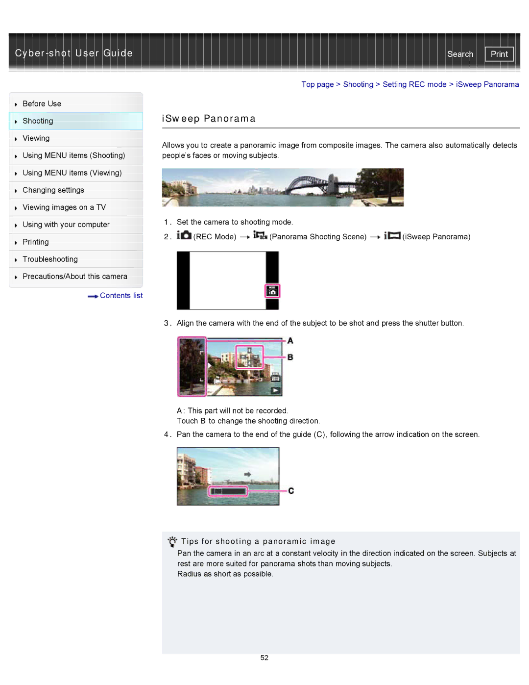 Sony DSCTX20 ISweep Panorama, Top page Shooting Setting REC mode iSweep Panorama, Tips for shooting a panoramic image 