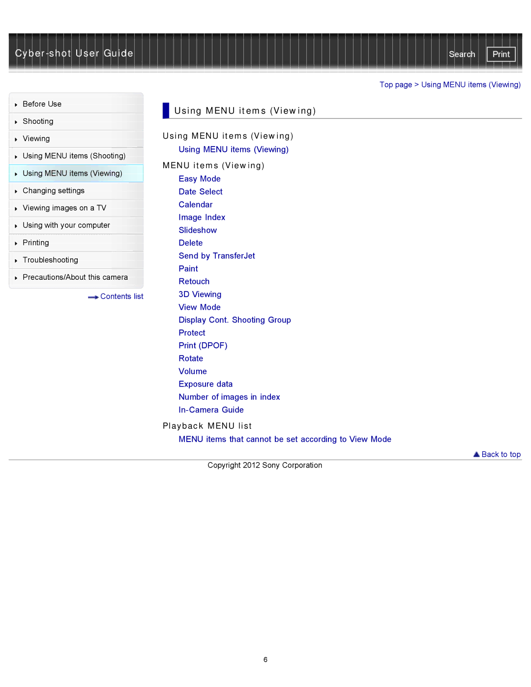 Sony DSCTX20, DSC-TX20/D manual Playback Menu list, Contents list Top page Using Menu items Viewing 