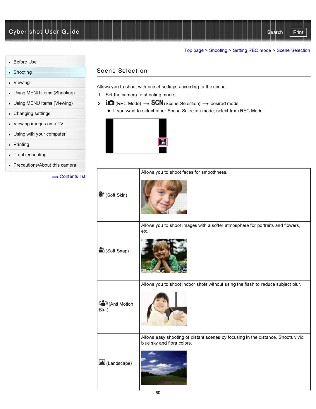 Sony DSCTX20, DSC-TX20/D manual Top page Shooting Setting REC mode Scene Selection 