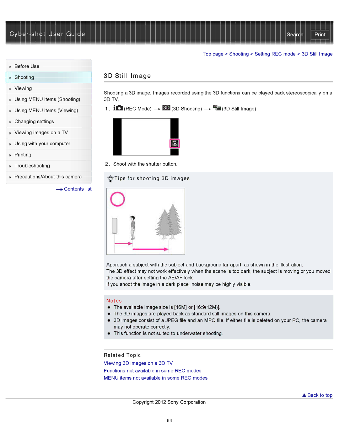 Sony DSCTX20, DSC-TX20/D manual Top page Shooting Setting REC mode 3D Still Image, Tips for shooting 3D images 