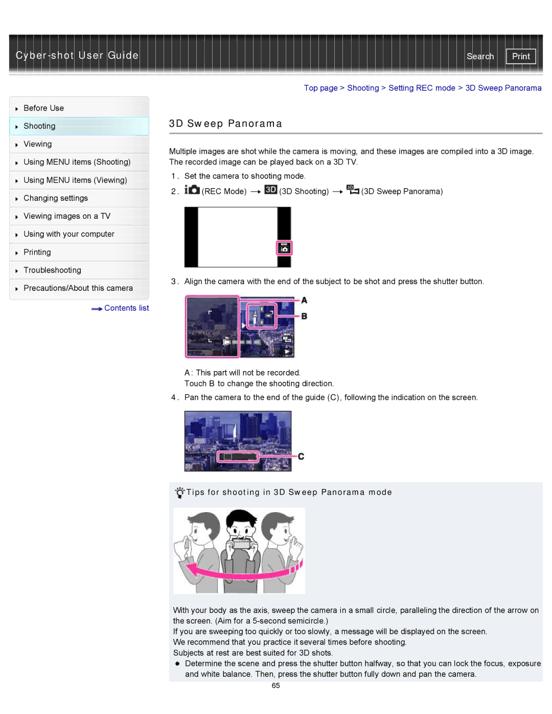 Sony DSC-TX20/D Top page Shooting Setting REC mode 3D Sweep Panorama, Tips for shooting in 3D Sweep Panorama mode 