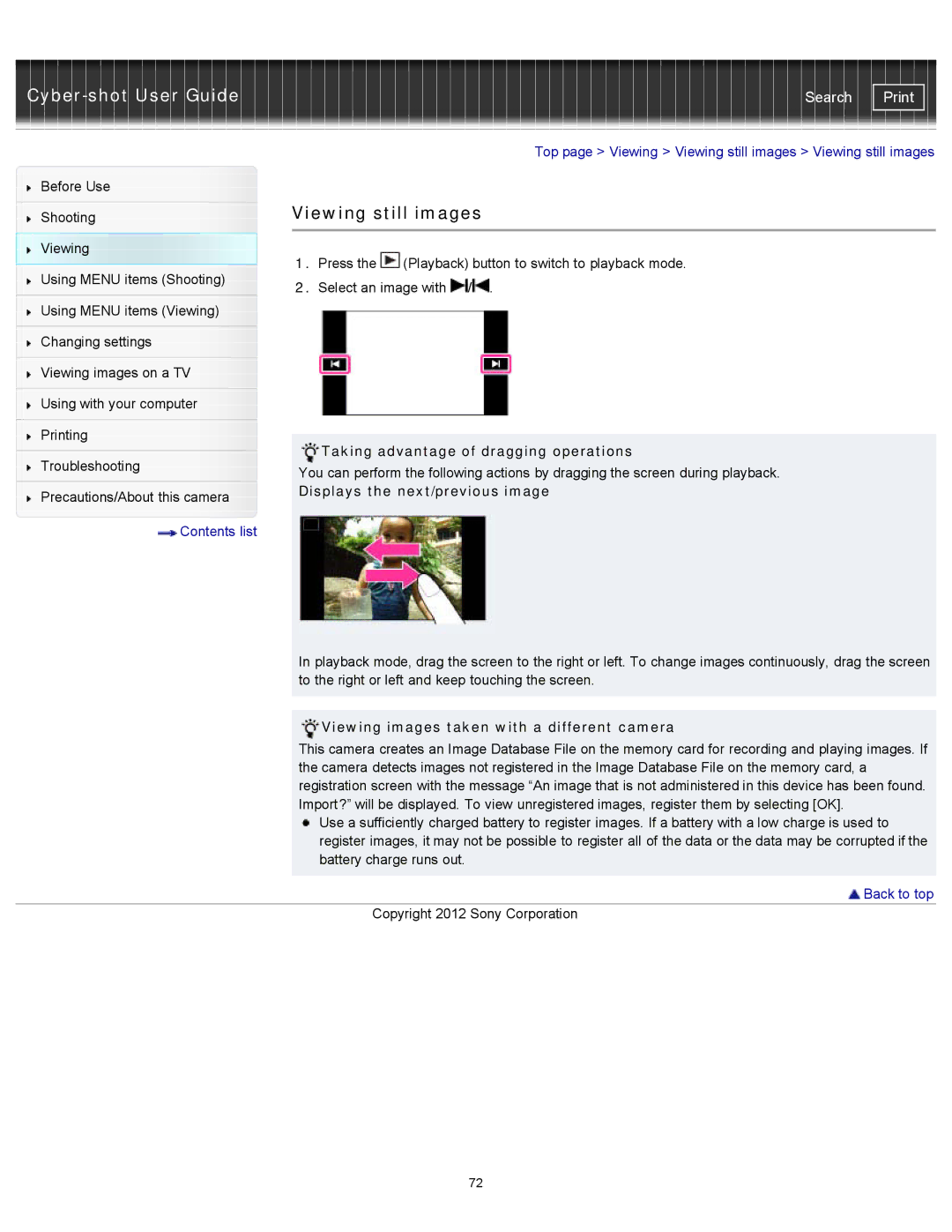 Sony DSCTX20 manual Top page Viewing Viewing still images Viewing still images, Taking advantage of dragging operations 