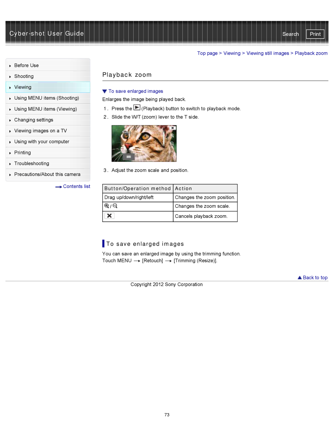 Sony DSC-TX20/D, DSCTX20 manual To save enlarged images, Top page Viewing Viewing still images Playback zoom 