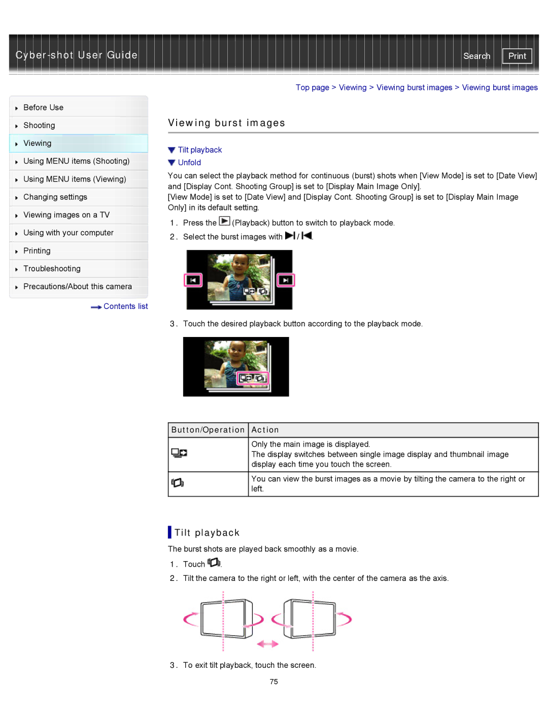 Sony DSC-TX20/D, DSCTX20 manual Top page Viewing Viewing burst images Viewing burst images, Tilt playback Unfold 