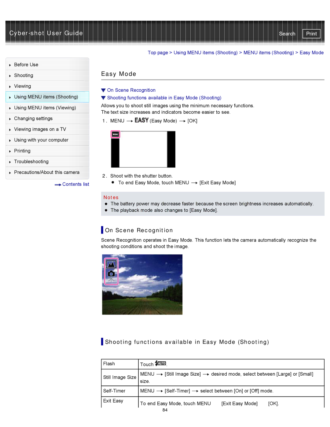 Sony DSCTX20, DSC-TX20/D manual Shooting functions available in Easy Mode Shooting 