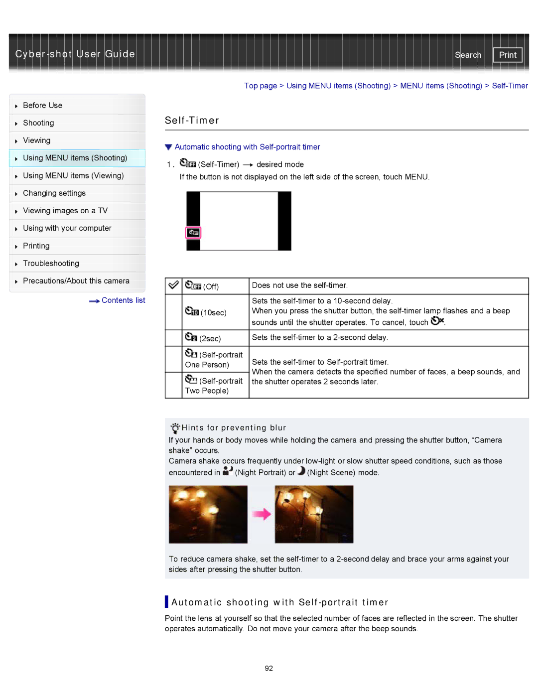 Sony DSCTX20, DSC-TX20/D manual Self-Timer, Automatic shooting with Self-portrait timer, Hints for preventing blur 