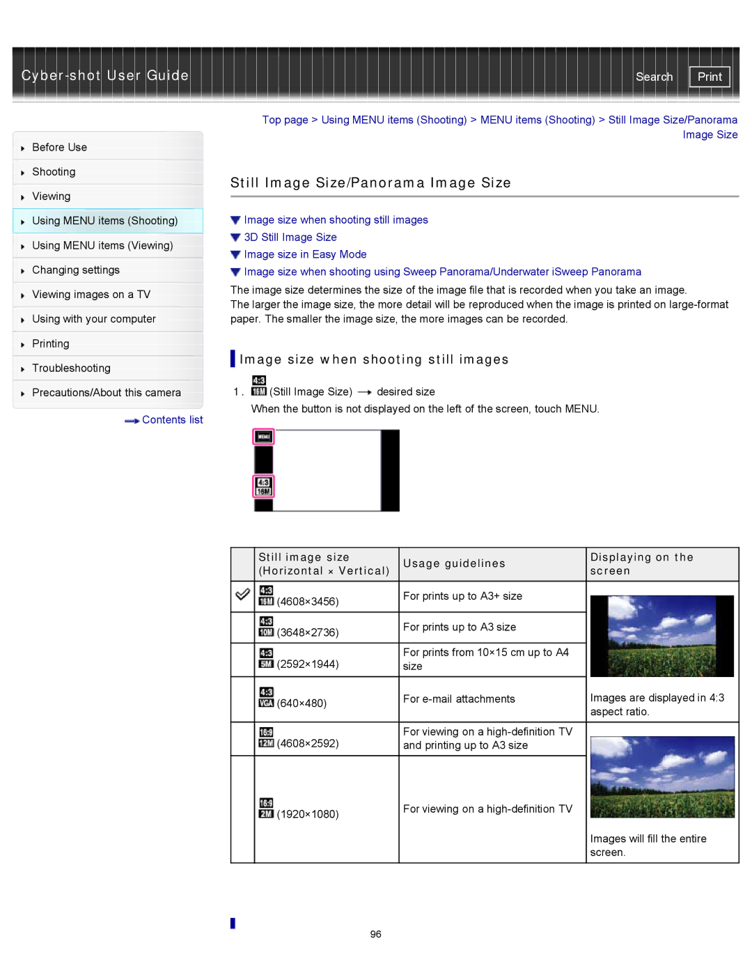 Sony DSCTX20, DSC-TX20/D manual Still Image Size/Panorama Image Size, Image size when shooting still images 