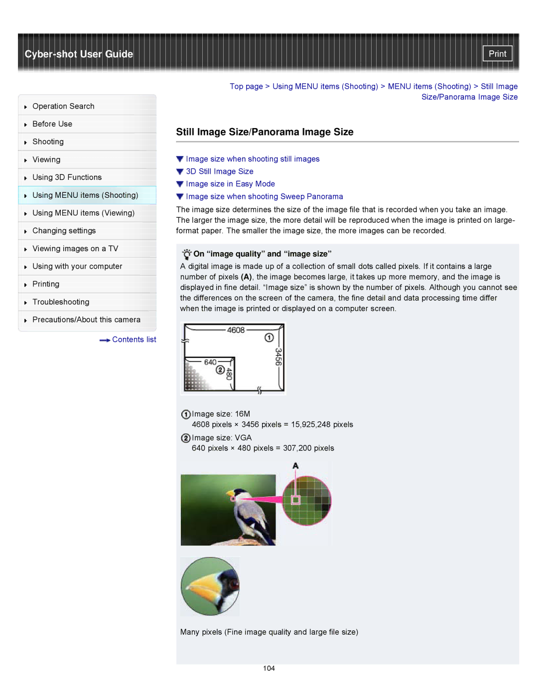 Sony DSCWX9 manual Still Image Size/Panorama Image Size, On image quality and image size 