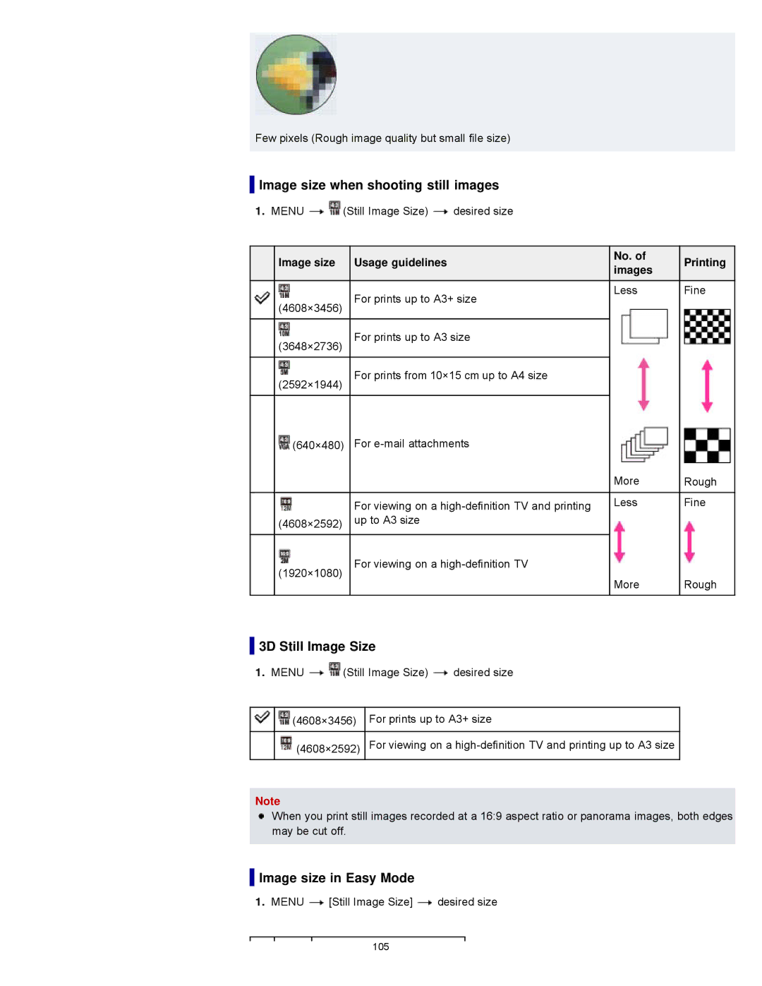 Sony DSCWX9 manual Image size when shooting still images, 3D Still Image Size, Image size in Easy Mode 