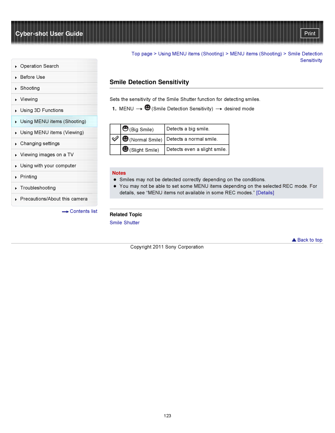 Sony DSCWX9 manual Smile Detection Sensitivity 