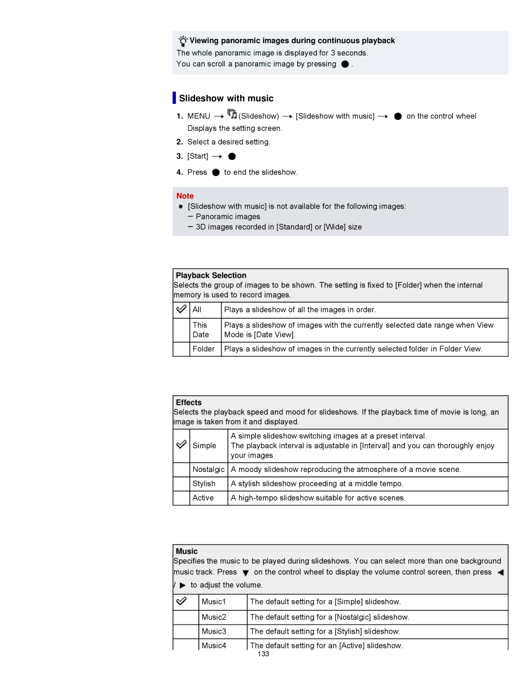 Sony DSCWX9 Slideshow with music, Viewing panoramic images during continuous playback, Playback Selection, Effects, Music 