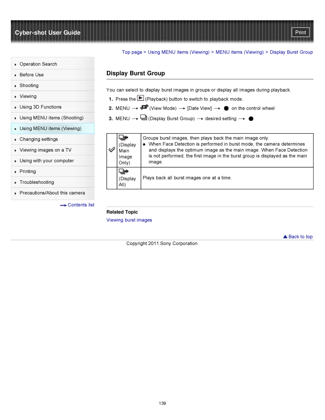 Sony DSCWX9 manual Display Burst Group 