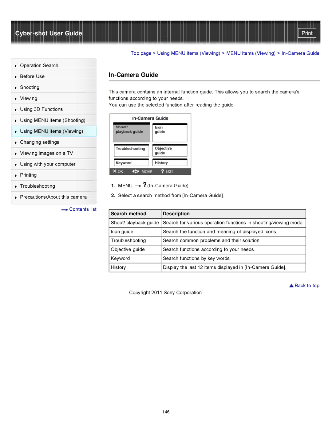 Sony DSCWX9 manual Select a search method from In-Camera Guide 