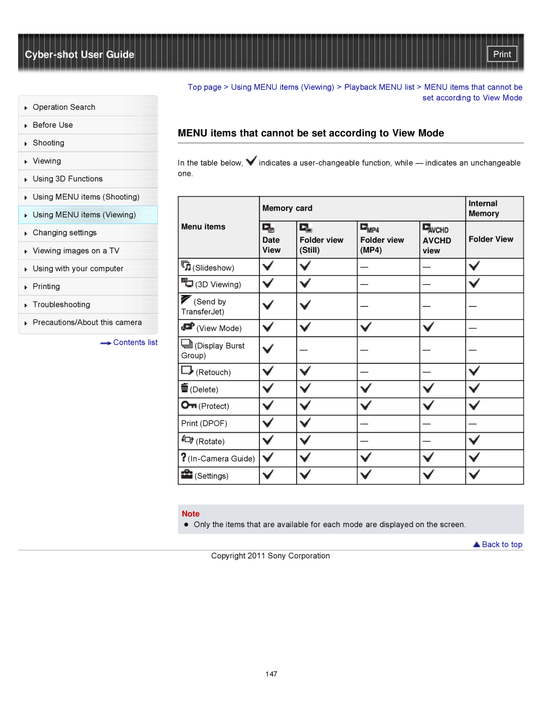 Sony DSCWX9 manual Menu items that cannot be set according to View Mode, Memory card Internal, Menu items Date Folder view 