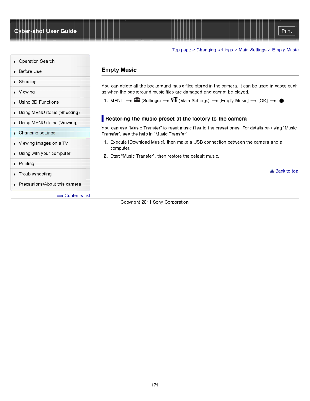 Sony DSCWX9 manual Empty Music, Restoring the music preset at the factory to the camera 