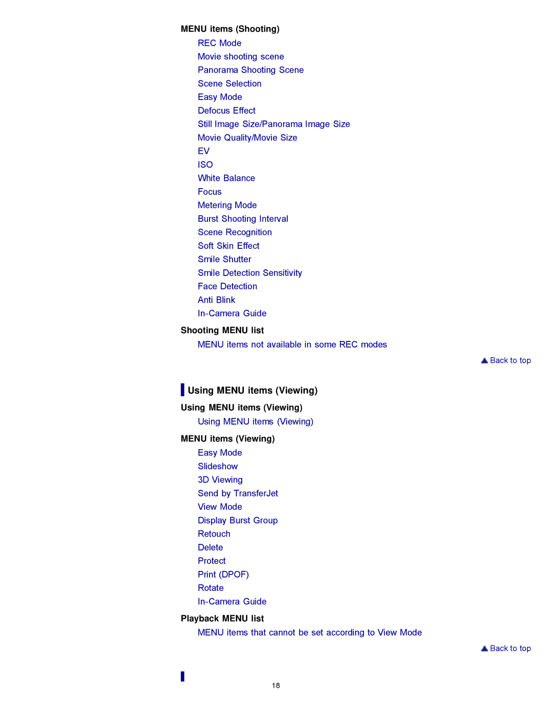 Sony DSCWX9 manual Using Menu items Viewing, Playback Menu list 