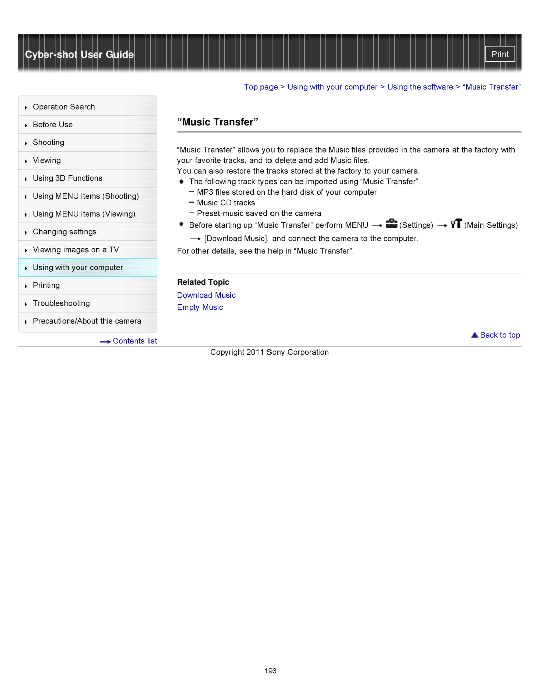 Sony DSCWX9 manual Music Transfer, Related Topic 