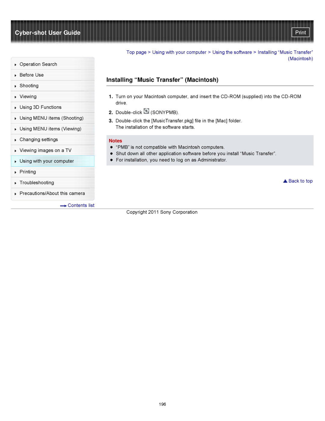 Sony DSCWX9 manual Installing Music Transfer Macintosh 