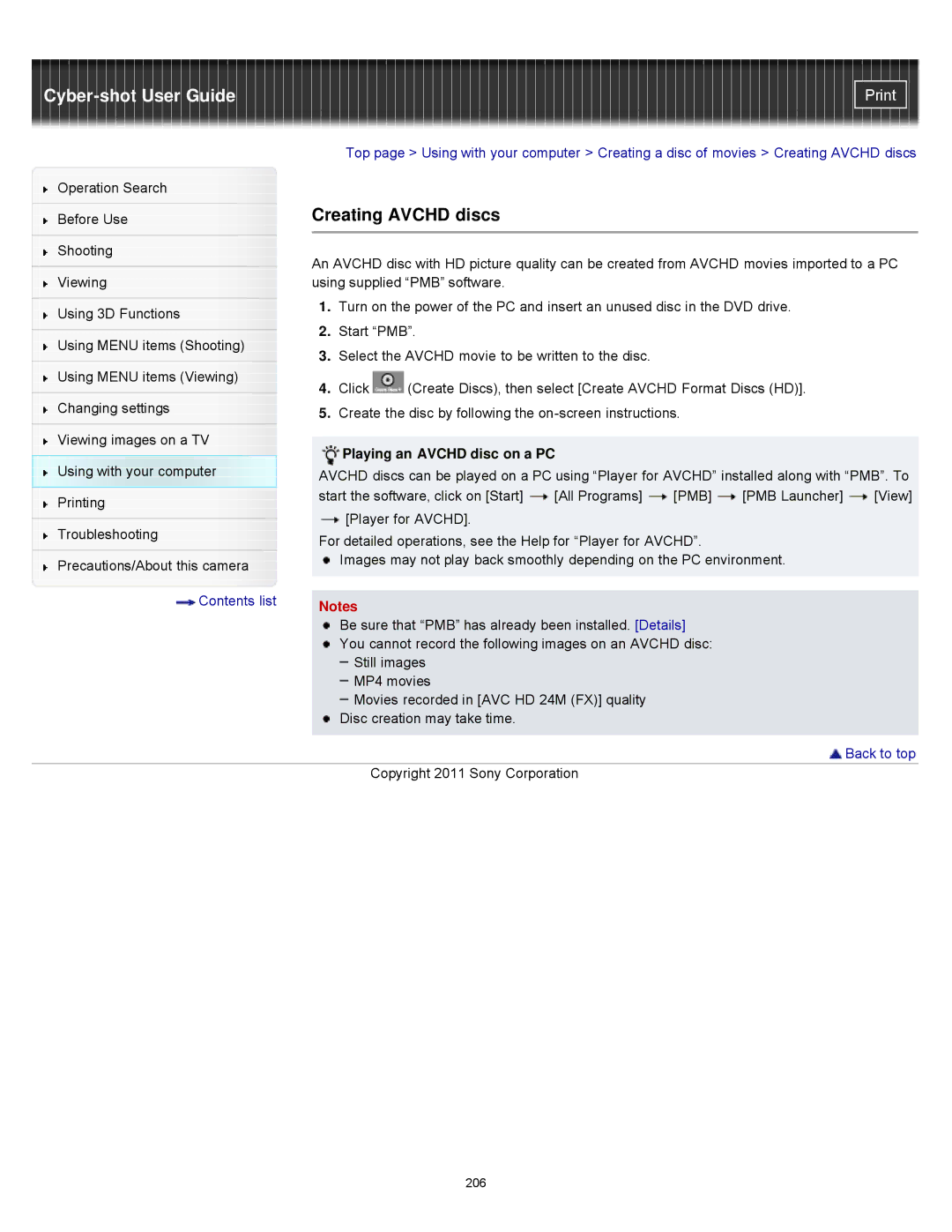 Sony DSCWX9 manual Creating Avchd discs, Playing an Avchd disc on a PC 