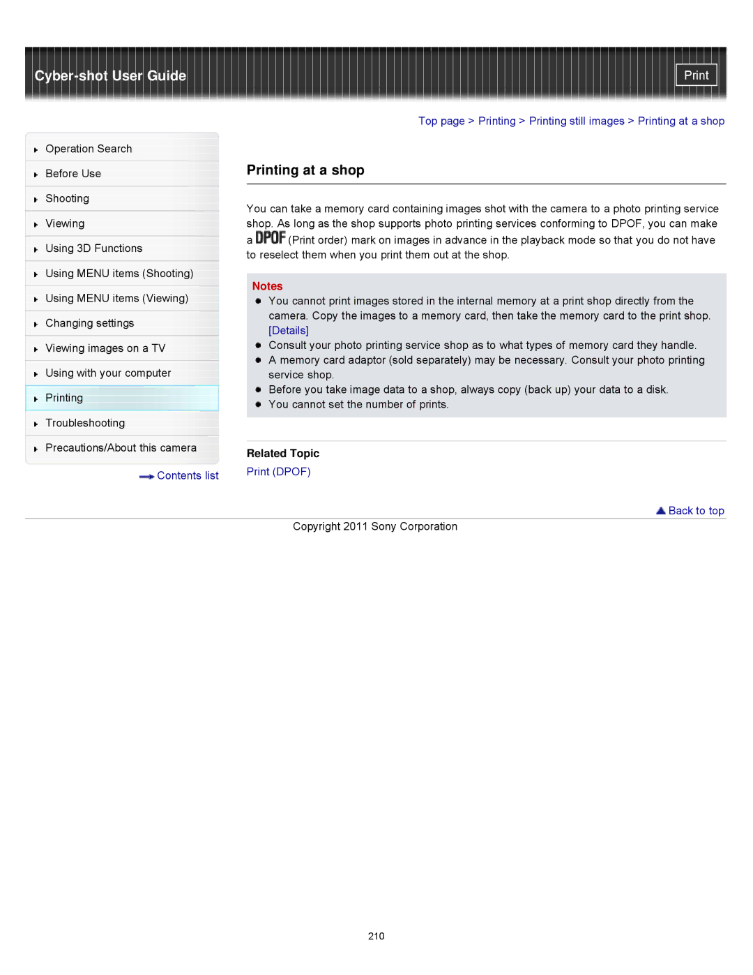 Sony DSCWX9 manual Printing at a shop, Related Topic 