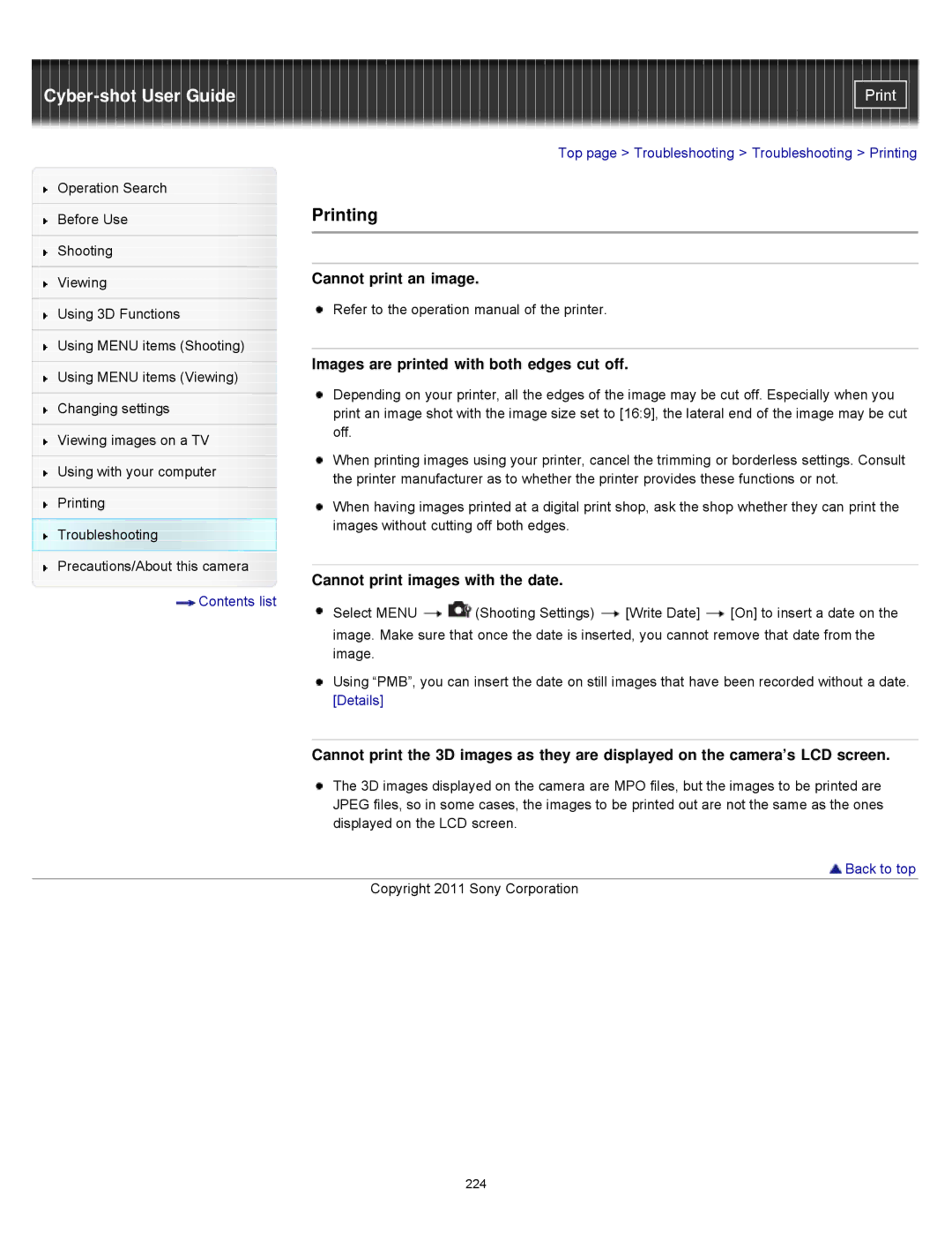 Sony DSCWX9 manual Printing, Cannot print images with the date 