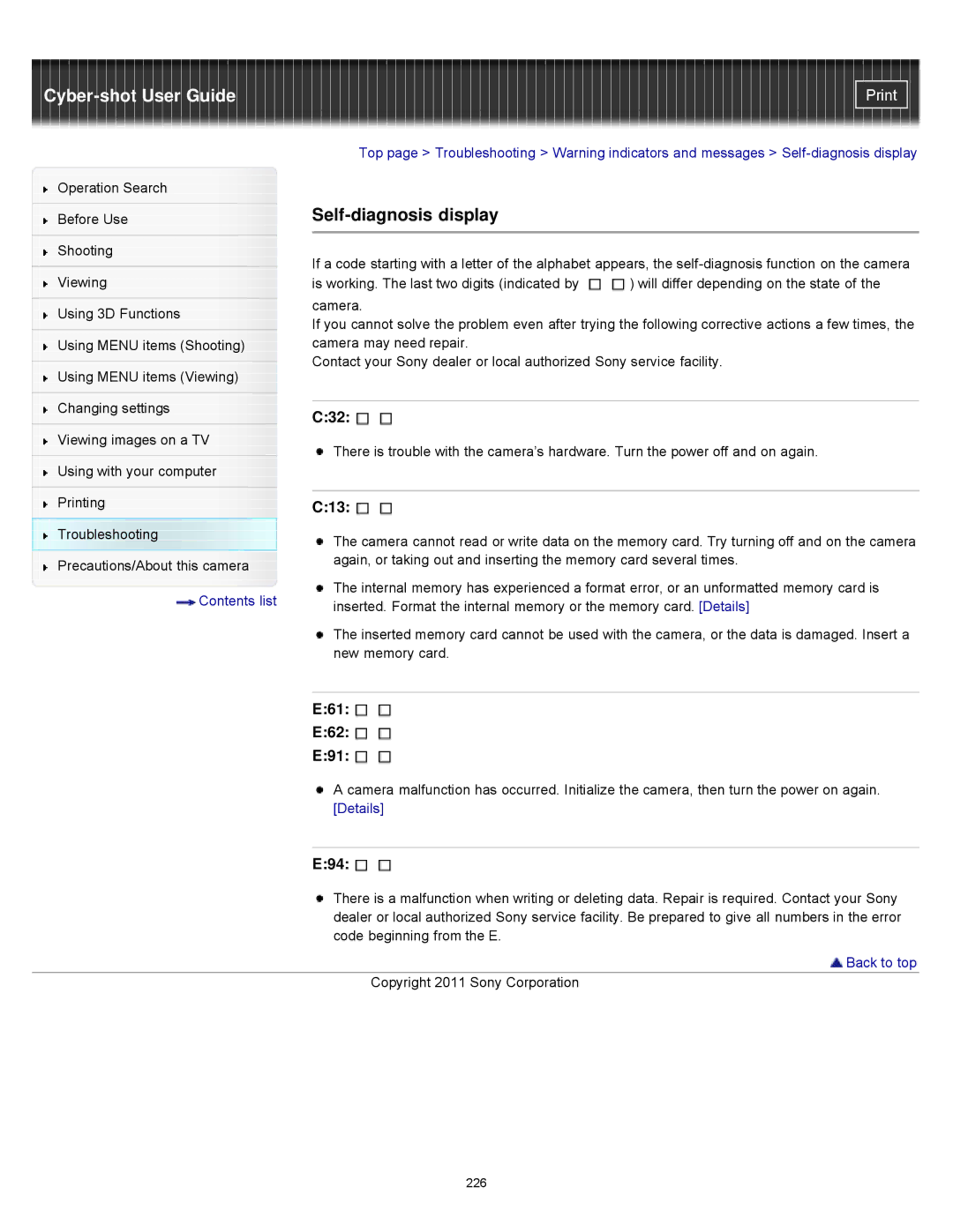 Sony DSCWX9 manual Self-diagnosis display, C32, C13, E61 E62 E91, E94 