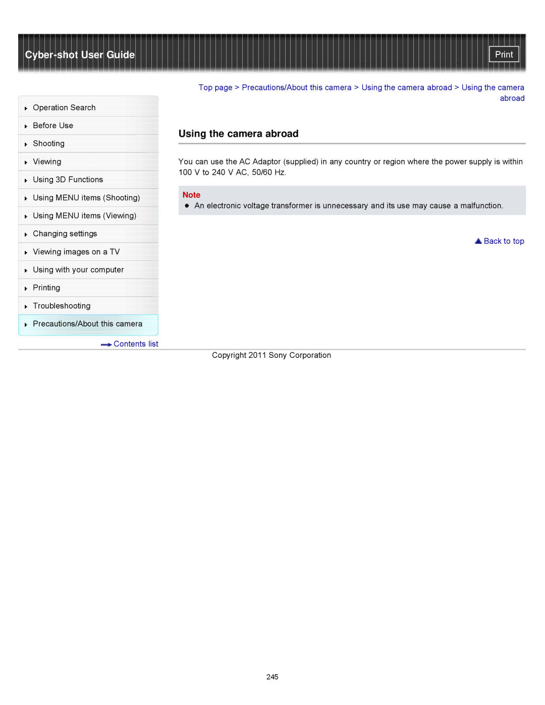 Sony DSCWX9 manual Using the camera abroad 