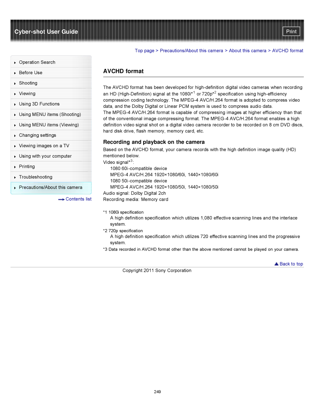 Sony DSCWX9 manual Avchd format, Recording and playback on the camera 