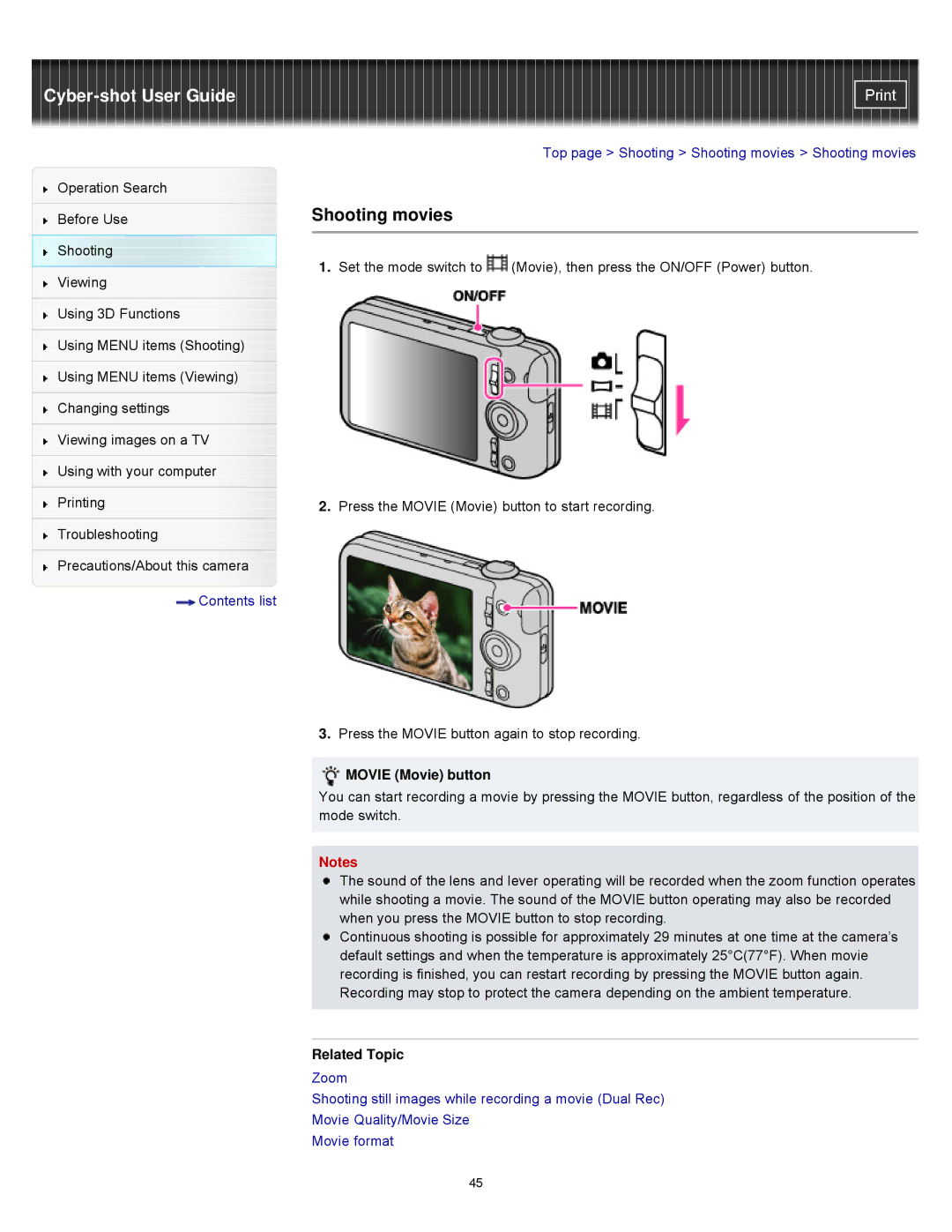 Sony DSCWX9 manual Shooting movies, Movie Movie button 