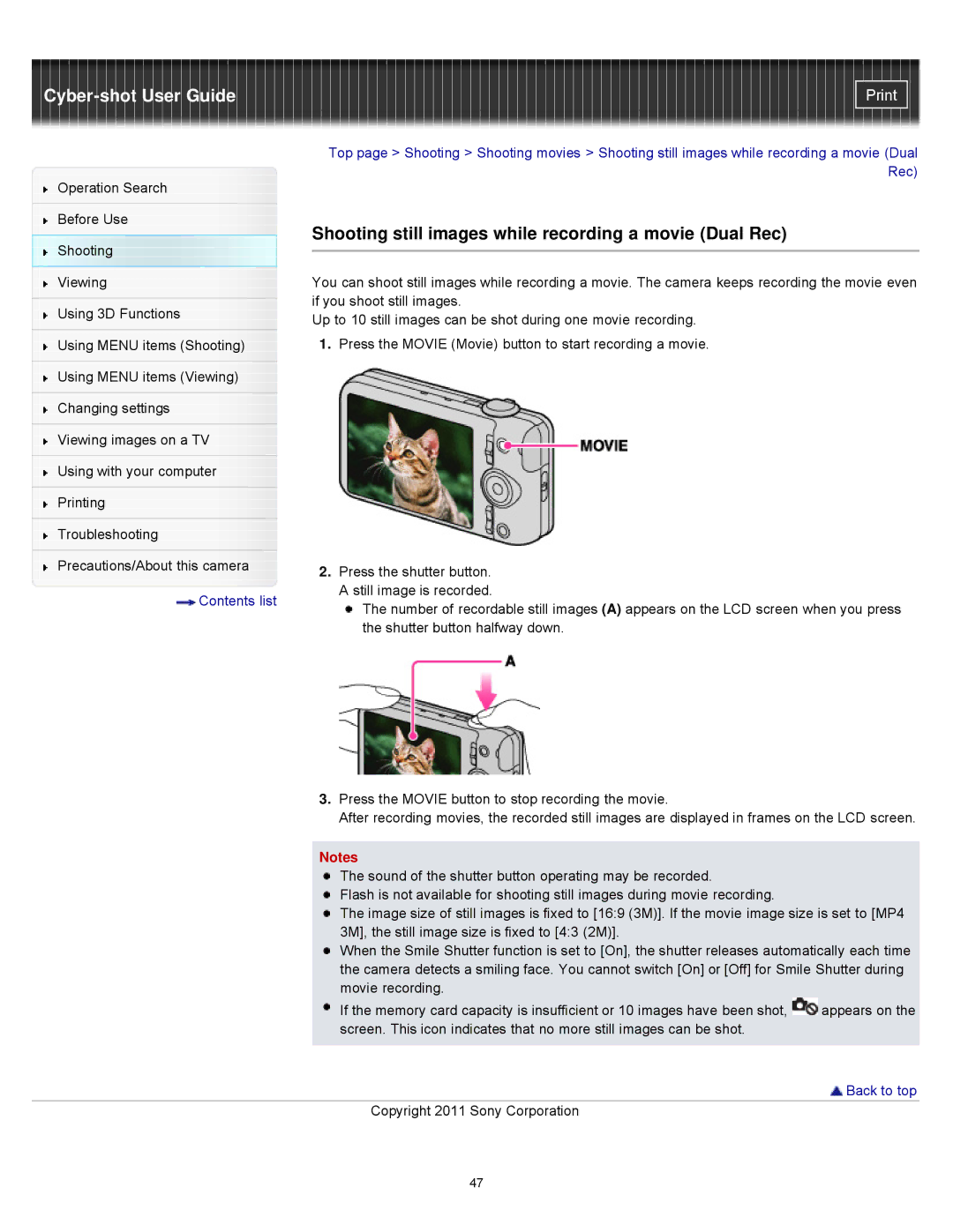 Sony DSCWX9 manual Shooting still images while recording a movie Dual Rec 