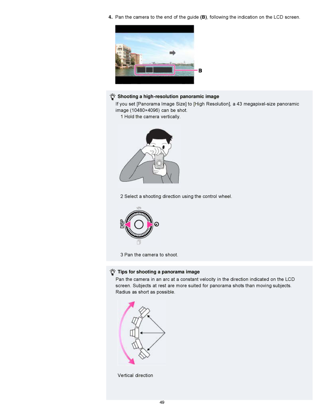 Sony DSCWX9 manual Shooting a high-resolution panoramic image, Tips for shooting a panorama image 